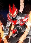  1boy amakawa_mayu ashes black_bodysuit bodysuit desire_driver extra_tails fire_and_brimstone fox_tail gauntlets gloves glowing glowing_eyes highres kamen_rider kamen_rider_geats kamen_rider_geats_(series) kamen_rider_geats_boost_mark_iii neon_trim open_hands power_armor raise_buckle tail two-tone_bodysuit white_armor white_bodysuit white_gloves yellow_eyes 