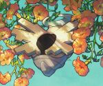  artist_name blue_background bug chinese_trumpet_vine commentary_request flower full_body halo highres no_humans odo_7ta orange_flower plant pokemon pokemon_(creature) shedinja 