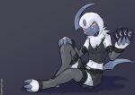  2023 absol anthro biped blue_body bottomwear card clothed clothing female generation_3_pokemon goth hi_res holding_card looking_at_viewer navel nintendo pokemon pokemon_(species) red_eyes sealer4258 shadow signature simple_background skirt solo white_body 