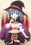  1girl absurdres blue_hair bottle cape green_eyes hair_ornament halloween hat highres holding holding_bottle long_hair namari_siro onii-chan_wa_oshimai! open_mouth skirt solo tenkawa_nayuta thighhighs witch witch_hat zettai_ryouiki 