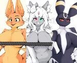  absol absurd_res anthro aroused belly big_breasts black_and_white black_body breasts canid canine cleavage clothed clothed/nude clothing curvy_figure dark_body diane_foxington dreamworks ear_tuft eeveelution exposed_breasts eyebrows eyelashes female fox fur fur_markings generation_2_pokemon generation_3_pokemon gloves green_eyes group hair handwear happy hi_res inner_ear_fluff looking_at_viewer mammal markings monochrome nails nintendo nude orange_body orange_fur partially_clothed pokemon pokemon_(species) red_eyes sharp_nails sharp_teeth sketchy_protogen smile smiling_at_viewer teeth teeth_showing the_bad_guys trio tuft umbreon white_body white_clothing 