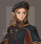  1boy black_cape black_headwear blonde_hair brown_background cape closed_mouth expressionless green_eyes highres link lu_kilim male_focus medium_hair pointy_ears red_shirt rope royal_guard_set_(zelda) shirt signature solo the_legend_of_zelda the_legend_of_zelda:_breath_of_the_wild triforce_print two-tone_background upper_body 