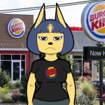  1:1 animal_crossing ankha_(animal_crossing) anthro ay03 blue_hair breasts burger_king clothed clothing disappointed domestic_cat fast_food felid feline felis female food hair hi_res logo_on_shirt makeup mammal nintendo restaurant shaded simple_shading solo yellow_body 
