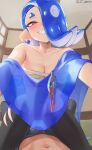  1girl assertive_female blue_hair bulge chest_sarashi earrings erection erection_under_clothes flat_chest girl_on_top hair_over_one_eye headband hetero highres jewelry jtveemo looking_at_viewer multiple_earrings navel nintendo pants pointy_ears red_eyes sarashi see-through shiver_(splatoon) smile solo splatoon_(series) splatoon_3 spread_legs straddling tentacle_hair thighs upright_straddle 