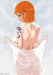  1girl :q absurdres ass back breasts brown_eyes butt_crack convenient_censoring elpipe_3000 from_behind highres large_breasts licking_lips looking_at_viewer looking_back naked_towel nami_(one_piece) one_piece orange_hair short_hair shoulder_tattoo solo steam steam_censor tattoo tongue tongue_out towel wet 