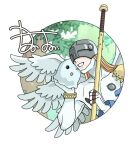  1boy 1other angel angemon blonde_hair covered_eyes digimon digimon_(creature) grin helmet helmet_over_eyes holding holding_polearm holding_weapon long_hair mask open_mouth polearm poyomon roseepdl2 signature smile staff upper_body watermark weapon white_wings wings 