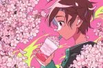  1boy brown_hair cherry_blossoms commentary_request cup drinking_straw holding holding_cup jacket long_sleeves male_child male_focus messy_hair milkshake mouth_hold nagare750 original pink_background purple_eyes simple_background solo whipped_cream wireless_earphones 