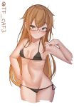  1girl absurdres bikini black_bikini breasts brown_eyes brown_hair groin highres kantai_collection long_hair lowleg lowleg_bikini mochizuki_(kancolle) one-hour_drawing_challenge parted_lips red-framed_eyewear side-tie_bikini_bottom simple_background small_breasts solo swimsuit tf_cafe twitter_username white_background 