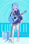  1girl absurdres acoustic_guitar alternate_costume aqua_background bare_legs barefoot blue_hair blue_jacket guitar hair_between_eyes hair_ornament hair_scrunchie hand_up highres holding holding_microphone hololive hoshimachi_suisei instrument jacket legs long_hair long_sleeves looking_at_viewer microphone microphone_stand outdoors scrunchie see-through see-through_jacket side_ponytail sidelocks solo soranori speaker standing star_(symbol) star_in_eye symbol_in_eye thighs tile_floor tiles toes virtual_youtuber 
