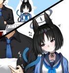  1boy 1girl animal_ears black_eyes black_hair blue_archive blush cat_ears cat_tail closed_mouth highres kikyou_(blue_archive) multiple_tails nichijo sensei_(blue_archive) short_hair tail two_tails 