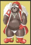  2023 anthro bear belly black_nose brown_body brown_fur christmas christmas_clothing christmas_headwear clothing costume fur goro_(live_a_hero) hat headgear headwear holidays kemono lifewonders live_a_hero male mammal moobs navel overweight overweight_male santa_costume santa_hat satopu_v2 simple_background solo 