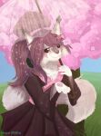  anthro asian_clothing cherry_blossom cherry_blossom_tree cherry_tree clothing east_asian_clothing felid feline female fruit_tree grass hi_res hopemillts japanese_clothing kimono light lynx mammal plant sky solo sunlight tail tree umbrella yukki_kirai 