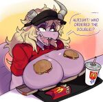  2023 anthro beverage big_breasts black_clothing black_hat black_headwear blonde_hair breasts broken_horn burger cass_(simplifypm) clothed clothing container cup dialogue dragon english_text female food fries hair hat headgear headwear horn huge_breasts long_hair mcdonald&#039;s meme open_mouth pb_doodles raised_clothing raised_shirt raised_topwear red_clothing red_shirt red_topwear sharp_teeth shirt solo speech_bubble tail teeth text topwear uniform your_order_is_ready_(meme) 