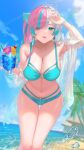  1girl absurdres ahoge arm_up beach bikini blue_bikini blue_eyes blue_hair blue_sky blush breasts cleavage collarbone commentary_request cup day drink drinking_straw earrings eyes_visible_through_hair flower hair_ornament hair_over_one_eye heterochromia highres holding holding_cup indie_virtual_youtuber jewelry large_breasts lens_flare looking_at_viewer mole mole_under_eye multicolored_hair navel o-ring o-ring_bikini ocean open_clothes outdoors palm_tree parted_lips pink_eyes pink_hair rushian see-through sky smile solo stomach swimsuit swimsuit_cover-up tree virtual_youtuber water white_hair 