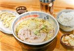  absurdres bonbon20170916 bowl colored_pencil_(medium) commentary_request cup dumpling food food_focus highres no_humans noodles original plate pork ramen realistic rice soy_sauce steam still_life table traditional_media wooden_table 