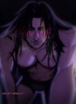  1boy artist_name bara black_hair black_male_underwear closed_mouth getou_suguru highres jujutsu_kaisen large_pectorals long_hair male_focus male_underwear muscular muscular_male navel nipples owwllly pectorals smile solo underwear yaoi 