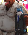  2023 anthro belly belt black_belt black_bottomwear black_clothing black_pants black_topwear blue_body blue_ears blue_fur blue_necktie blush bottomwear breath brown_body brown_fur bulge canid canine clothed clothing eyewear fangs fingers fur glasses hi_res larger_male male mammal necktie nullraihigi open_mouth overweight overweight_anthro overweight_male pants size_difference suit teeth tongue topwear white_clothing white_topwear 