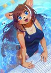  2023 4_fingers anthro aruurara black_nose blue_clothing blue_swimwear breasts brown_hair canid canine clothing eyebrow_through_hair eyebrows eyelashes female fingers fur hair hi_res highlights_(coloring) inner_ear_fluff long_hair looking_at_viewer mammal one-piece_swimsuit open_mouth open_smile sakura_(aruurara) smile solo swimming_pool swimwear tan_body tan_fur translucent translucent_hair tuft water wet white_highlights 