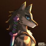  1:1 2022 anthro artist_name blue_eyes canid canine canis cheek_tuft dated ear_piercing eyebrows facial_tuft fur gradient_background grey_body grey_fur hi_res kooriki link_(wolf_form) male mammal melee_weapon nintendo piercing simple_background solo sword the_legend_of_zelda tuft weapon wolf 