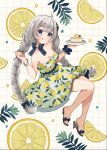  1girl barefoot binchou_maguro blue_eyes braid cake closed_mouth collarbone dress food food_print fruit fruit_print full_body grey_hair highres holding holding_plate kizuna_akari lemon lemon_print long_hair plate sandals smile solo tongue tongue_out twin_braids voiceroid white_dress 