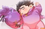  1boy aged_down baby black_hair blush character_costume cosplay creature devil_(housamo) devil_(housamo)_(cosplay) doku_(hitori_ox) drooling highres imp lying male_focus on_back protagonist_3_(housamo) short_hair sleeping thick_eyebrows tokyo_afterschool_summoners 