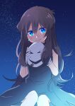  1girl bangs bare_arms black_dress blue_eyes brown_hair closed_mouth commentary_request dress earrings eyelashes gloves green_(pokemon) hair_between_eyes holding holding_mask jewelry long_hair looking_at_viewer marutoko45 mask night outdoors pokemon pokemon_adventures sidelocks sky smile solo star_(sky) white_gloves 