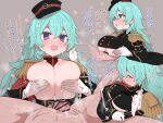  1boy 1girl after_paizuri aqua_hair bar_censor black_headwear breasts brown_background censored cum cum_on_body cum_on_breasts epaulettes gloves hair_between_eyes hat heart hetero imagawa_yoshimoto_(sengoku_collection) large_breasts long_hair long_sleeves nipples open_mouth paizuri paizuri_under_clothes penis purple_eyes sengoku_collection simple_background sumiyao_(amam) translation_request white_gloves wide_sleeves 