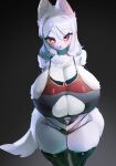  anthro big_breasts blush bodily_fluids breasts canid canine female fur hi_res huge_breasts hyper hyper_breasts mammal solo sweat utterangle white_body white_fur 