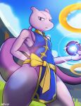  2023 anthro clothed clothing detailed_background felid feline generation_1_pokemon hi_res impboyz legendary_pokemon looking_at_viewer male mammal martial_arts_style_mewtwo mewtwo nintendo pokemon pokemon_(species) pokemon_unite solo standing white_body 