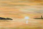  building highres horizon lighthouse naoy_watercolor no_humans ocean orange_sky original painting_(medium) reflection reflective_water scenery shore sky sun sunset traditional_media water watercolor_(medium) 