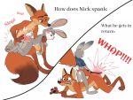  anthro butt_slap canid canine disney duo english_text female fox fufer humor judy_hopps lagomorph leporid looking_pleasured male male/female mammal nick_wilde nude rabbit simple_background slap spanking text white_background zootopia 