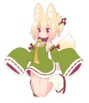  1girl animal_ears ass_visible_through_thighs bare_shoulders bell blonde_hair closed_mouth collar dress folded_ponytail fox_ears fox_girl fox_tail full_body green_dress green_sleeves hair_between_eyes hair_ornament highres jingle_bell kemomimi-chan_(naga_u) long_sleeves looking_at_viewer naga_u neck_bell necktie orange_necktie original purple_collar purple_eyes red_footwear revision ribbon-trimmed_sleeves ribbon_trim sailor_collar sidelocks simple_background sleeveless sleeveless_dress sleeves_past_fingers sleeves_past_wrists socks solo tabi tail white_background white_sailor_collar white_socks zouri 