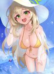 2girls 82jhin :d absurdres bare_shoulders bikini blonde_hair blue_archive blue_sky breasts cloud commentary_request day green_eyes hand_up hat highres large_breasts leaning_forward long_hair looking_at_viewer multiple_girls navel nonomi_(blue_archive) off_shoulder open_clothes sky smile solo_focus stomach sun_hat swimsuit thighs very_long_hair wading water white_headwear yellow_bikini 