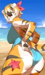  absurd_res anthro arknights aspirindabaitu asterozoan beach big_breasts black_hair blue_clothing blue_swimwear breasts butt clothing cloud day echinoderm felid female fur hair hi_res hypergryph looking_at_viewer looking_back mammal marine one-piece_swimsuit orange_body orange_eyes orange_fur orange_hair outside pantherine rear_view sand sea seaside short_hair sky solo starfish studio_montagne swimwear thick_thighs tiger waaifu_(arknights) water white_body white_hair wide_hips 