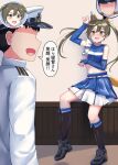  1boy 1girl admiral_(kancolle) animal_ears belt black_hair blue_shirt blue_skirt cheerleader crop_top dated detached_sleeves fake_animal_ears fox_ears fox_tail green_eyes green_hair hat highres hokkaido_nippon-ham_fighters kantai_collection kitsune_dance layered_skirt midriff military military_uniform navel nippon_professional_baseball nuppunuppu official_alternate_costume open_mouth paw_pose personality_switch pleated_skirt shirt skirt sleeveless sleeveless_shirt tail translation_request twintails uniform white_belt zuikaku_(kancolle) 