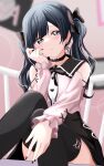  1girl absurdres alternate_hairstyle arm_support black_choker black_hair black_nails black_ribbon black_skirt black_thighhighs blurry blurry_background blush choker closed_mouth detached_sleeves grey_eyes hair_ribbon heart heart_choker highres jirai_kei long_hair looking_at_viewer love_live! love_live!_nijigasaki_high_school_idol_club pink_shirt pink_sleeves ribbon shirt sitting skirt solo thighhighs tsubuan_(in_taiyaki) twintails yuuki_setsuna_(love_live!) 