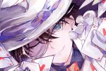  1boy ace_(playing_card) ace_of_hearts bishounen blue_eyes blue_shirt brown_hair card dutch_angle grin hair_between_eyes heart highres kaitou_kid male_focus meitantei_conan monocle necktie one_eye_closed playing_card red_necktie shirt short_hair smile solo white_headwear yuusaku21 