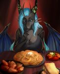  2021 absurd_res aib_leyley anthro big_breasts blue_claws blue_hair boiled_egg bowl breast_rest breasts claws cleavage clothed clothing container detailed_background digital_media_(artwork) digital_painting_(artwork) dragon dripping eating egg female food food_on_breasts freckles freckles_on_shoulders front_view furniture glistening glistening_eyes glowing glowing_horn glowing_spots hair hi_res holding_object holding_tool holding_utensil horn huge_breasts kitchen_utensils leopard_spots lettuce light lighting long_hair looking_at_food looking_at_object looking_down meat membrane_(anatomy) membranous_wings messy_eater monikka_(blueclaws) off_shoulder pasta plant roe_(egg) sandwich_(food) scalie shirt smile solo spaghetti spotlight spots table tools topwear vegetable wing_claws wings 