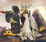  anthro athletic athletic_anthro athletic_male avian beak black_body black_feathers bow_(weapon) breath_of_the_wild duo feathers harth_(tloz) male nintendo ranged_weapon rito sheep_riritoto teba_(tloz) the_legend_of_zelda weapon white_body white_feathers 