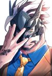  1boy bara beard covering_face doku_(hitori_ox) facial_hair green_eyes grey_hair hair_slicked_back hair_strand half-closed_eyes hand_tattoo highres horned_mask male_focus mask mature_male multicolored_hair mutton_chops necktie oscar_(housamo) portrait sad short_hair smile solo tattoo thick_eyebrows tokyo_afterschool_summoners two-tone_hair white_hair yellow_necktie 