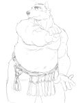  2023 anthro belly big_belly bottomwear canid canine canis clothing daich domestic_dog hi_res humanoid_hands kemono loincloth male mammal monochrome moobs overweight overweight_male simple_background sketch solo white_background 