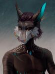  anthro artist_name black_sclera blue_inner_ear brown_body brown_fur bust_portrait cheek_tuft ear_piercing facial_tuft front_view fur hair hi_res looking_aside male marie_merkh mouth_closed narrowed_eyes nude piercing portrait purple_hair red_eyes solo species_request tuft white_body white_fur 