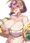  1girl :d anis_(nikke) anis_(sparkling_summer)_(nikke) bare_shoulders belly bikini bikini_top_lift blush breasts brown_eyes brown_hair can cleavage clothes_lift collarbone eyepatch_bikini eyewear_on_head goddess_of_victory:_nikke hair_ornament heavy_breathing highres holding holding_can huge_breasts jacket navel nipples off_shoulder open_mouth plump puffy_nipples smile solo stomach sunglasses swimsuit tetsu_chokoreto tongue tongue_out upper_body white_bikini yellow_jacket 