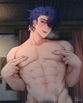  1boy abs artist_name asa_ifrit_(asaifrit) bara blue_hair blush completely_nude earrings green_eyes highres honkai:_star_rail honkai_(series) jewelry large_pectorals looking_at_viewer male_focus male_pubic_hair muscular muscular_male navel nipples nude pectorals pubic_hair sampo_koski short_hair solo tongue tongue_out twitter_username upper_body 