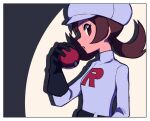  1girl :o alternate_color belt black_belt black_gloves border brown_eyes brown_hair eyelashes flipped_hair gloves hand_up hat holding holding_poke_ball jacket logo long_hair lyra_(pokemon) open_mouth poke_ball poke_ball_(basic) pokemon pokemon_(game) pokemon_masters_ex solo team_rocket team_rocket_uniform twintails tyako_089 upper_body 