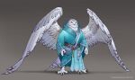  artist_name beak bird black_nails blue_robe crystal ebenherzart english_commentary feathered_wings full_body furry gradient_background grey_background highres nilak_frostbeak o-ring original owl potion pouch robe standing talons vial web_address white_wings wings yellow_eyes 