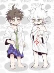  2boys aged_down ahoge barefoot blue_shorts breast_pocket brown_hair children&#039;s_day collared_shirt danganronpa_(series) danganronpa_2:_goodbye_despair dot_nose english_commentary floral_print frown full_body green_eyes green_necktie grey_background hinata_hajime komaeda_nagito long_shirt long_sleeves looking_down loose_necktie male_child male_focus multiple_boys necktie open_mouth outline oversized_clothes pocket print_necktie print_shirt print_shorts seumol_sx shirt short_hair shorts single_bare_shoulder sleeves_past_elbows spiked_hair standing sweat very_short_hair white_hair white_outline white_shirt 