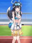  1girl animal_ears blue_archive blue_sky breasts cheerleader cleavage collar dog_ears dog_tail gloves grass hibiki_(blue_archive) hibiki_(cheer_squad)_(blue_archive) highres lazb. long_hair looking_at_viewer medium_breasts midriff millennium_cheerleader_outfit_(blue_archive) miniskirt navel pom_pom_(cheerleading) ponytail skirt sky solo sports_bra standing tail thighs white_gloves 