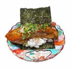  bmu_s food food_focus no_humans nori_(seaweed) original plate rice simple_background still_life sushi white_background 
