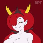  absurd_res big_breasts breasts brush_pen_ten cleavage clothed clothing crown disney eyelashes fangs female hair hair_over_eye headgear hekapoo hi_res horn horned_humanoid huge_breasts humanoid humanoid_pointy_ears long_hair narrowed_eyes one_eye_obstructed orange_eyes red_background red_hair simple_background smile solo star_vs._the_forces_of_evil tan_sclera teeth tiara white_body yellow_horn 